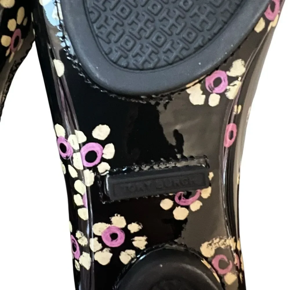 Tory Burch Minnie Travel Ballet Flats Black Patent Floral Print US 6.5